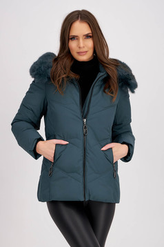 Dark green fitted quilted jacket with zippered pockets and detachable hood - SunShine