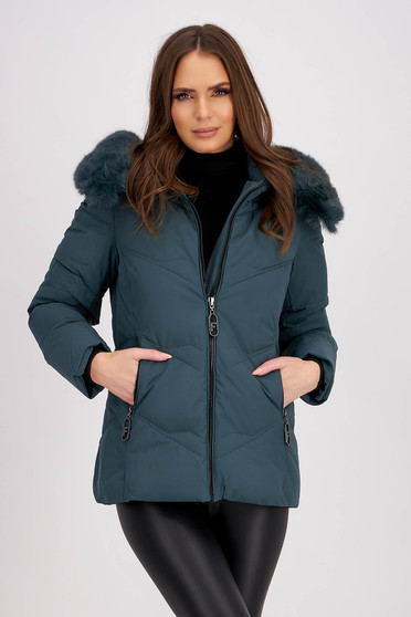 Jackets, Dark green fitted quilted jacket with zippered pockets and detachable hood - SunShine - StarShinerS.com