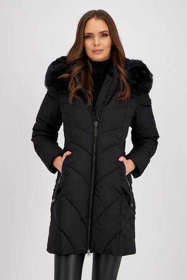 Sales jackets, Black fitted quilted jacket with detachable hood and faux fur insert - SunShine - StarShinerS.com