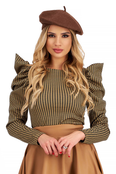 Ladies' Fitted Knit Sweater with Puffy Shoulders and Houndstooth Print - StarShinerS