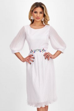 Pleated midi white veil dress in flared style with unique floral embroidery - StarShinerS