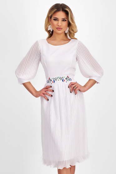 Pleated dresses, Pleated midi white veil dress in flared style with unique floral embroidery - StarShinerS - StarShinerS.com