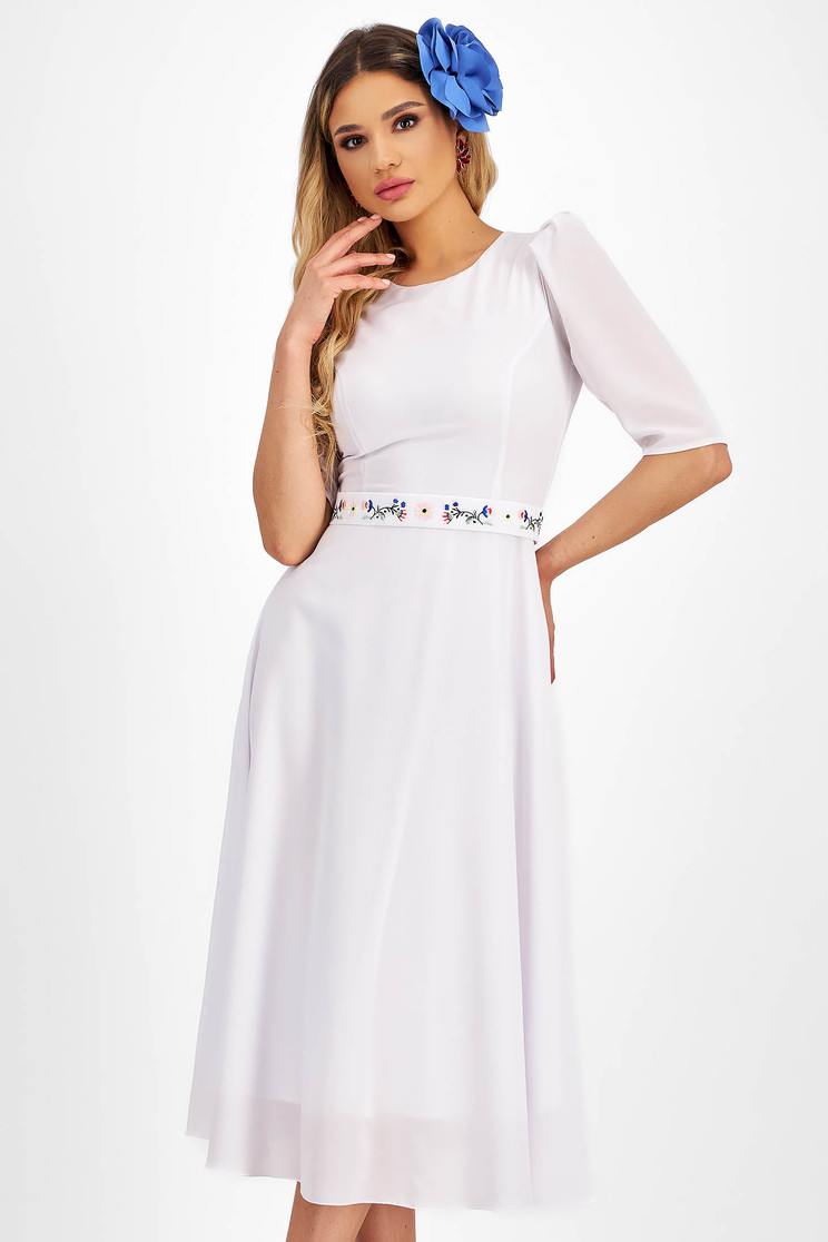 Rochie din georgette alba midi in clos brodata digital pe cordon - StarShinerS - Rochii-Dama.ro