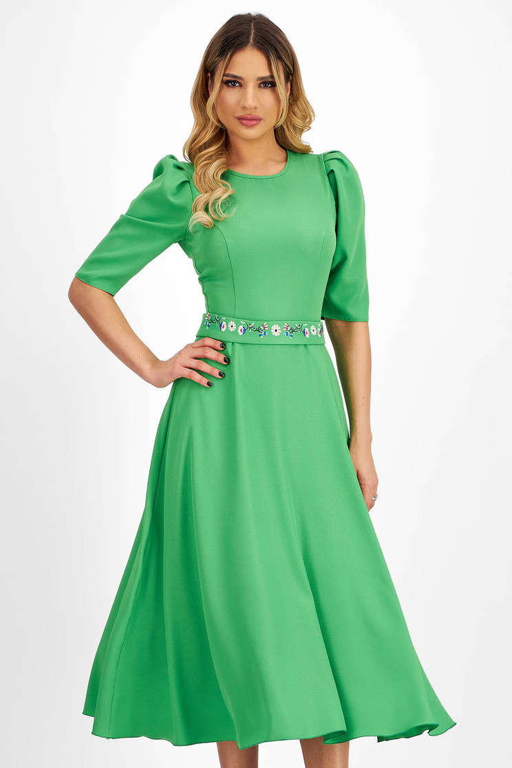 Rochie din georgette verde midi in clos brodata digital pe cordon - StarShinerS