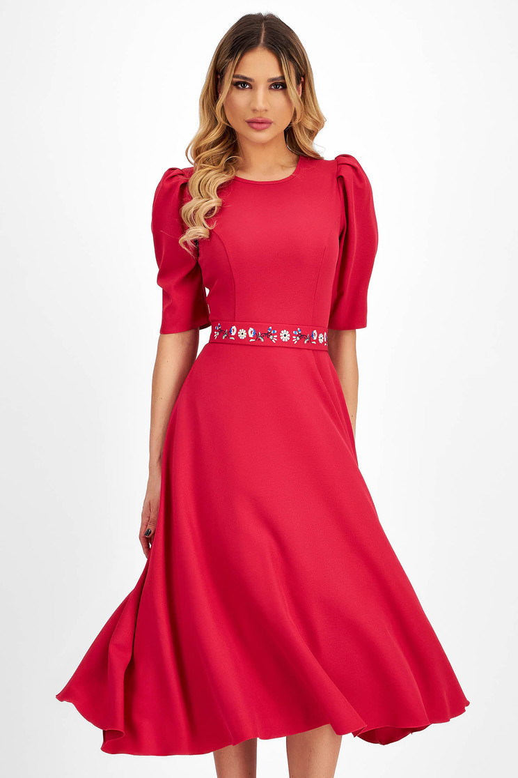 Rochie midi din georgette fuchsia midi in clos brodata digital pe cordon - StarShinerS