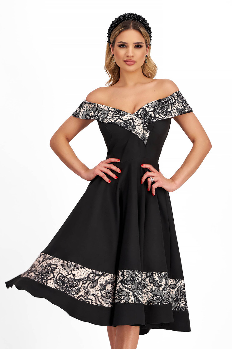 Rochie din stofa din stofa elastica neagra midi in clos cu umeri goi - StarShinerS