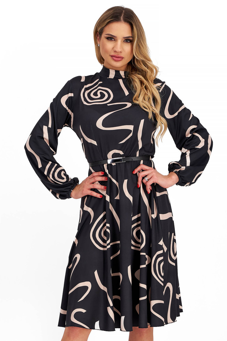 Rochie cu imprimeu abstract din lycra in clos cu elastic in talie si accesoriu tip curea - StarShinerS