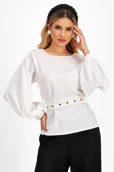 Sales Blouses, Ivory jersey women's blouse with loose fit accessorized with tricolor detailed embroidered cord - StarShinerS - StarShinerS.com