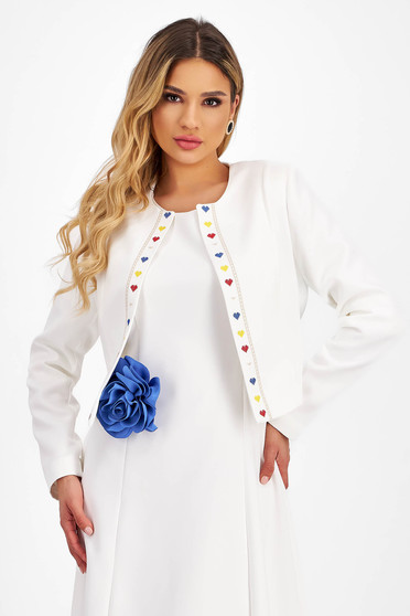 Blazers, Ivory Elastic Fabric Fitted Blazer with Tricolor Embroidered Details - StarShinerS - StarShinerS.com