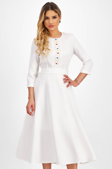 Embroidered Dresses, Ivory elastic fabric midi flared dress with tricolor embroidered details - StarShinerS - StarShinerS.com