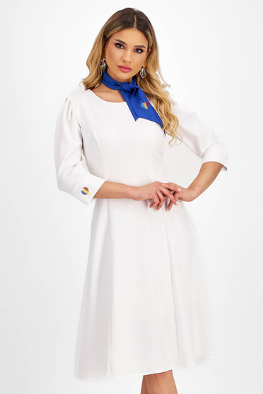 Online Dresses, Ivory Elastic Fabric Midi Skater Dress with Puffy Sleeves and Tri-Color Embroidered Details - StarShinerS - StarShinerS.com