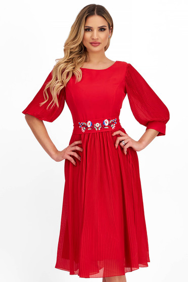 Pleated Midi Red Veil Dress in A-line with Unique Floral Embroidery - StarShinerS