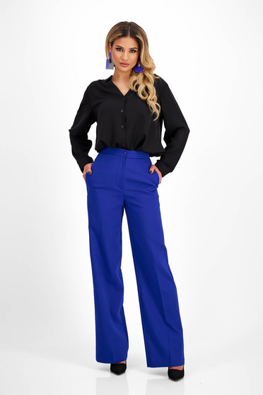 Trousers, Blue Cotton Flared Long Pants with High Waist and Side Pockets - SunShine - StarShinerS.com