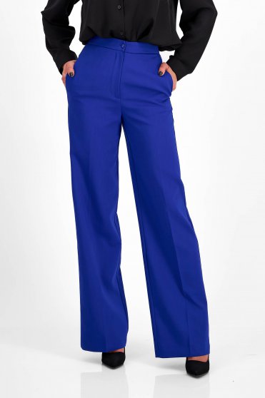 Pantaloni din bumbac albastri lungi evazati cu talie inalta si buzunare laterale - SunShine