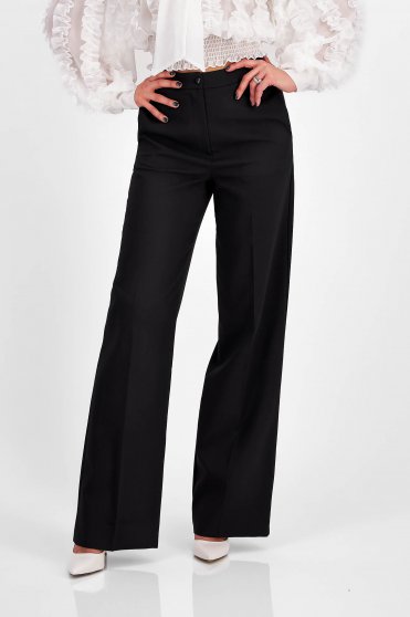 Sales Trousers, Black long flared cotton pants with high waist and side pockets - SunShine - StarShinerS.com