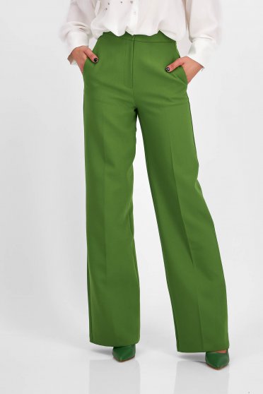 Pantaloni din bumbac verde olive lungi evazati cu talie inalta si buzunare laterale - SunShine