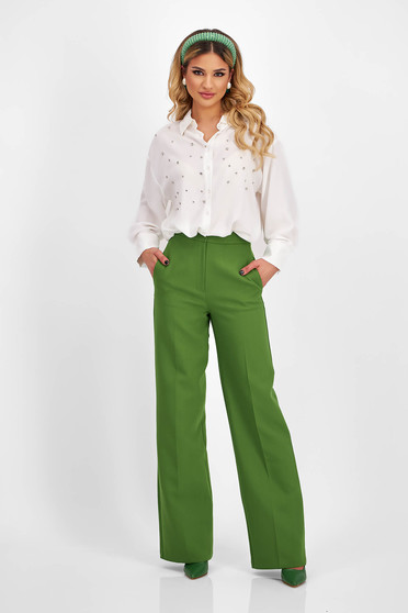 Pantaloni Dama , Pantaloni din bumbac verde olive lungi evazati cu talie inalta si buzunare laterale - SunShine - StarShinerS.ro