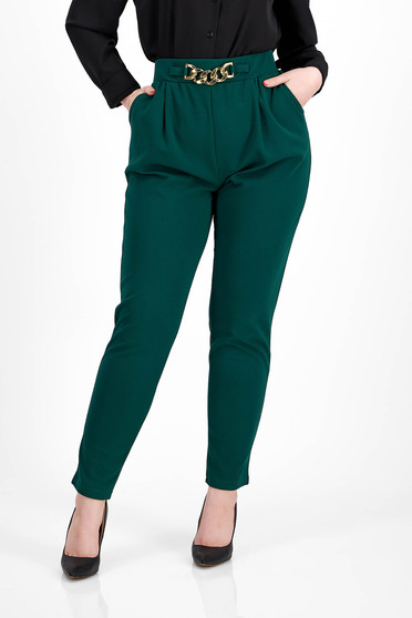 High waisted trousers, Dark green crepe tapered pants with elastic waist and side pockets - SunShine - StarShinerS.com