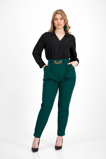 Tinute office dama , Pantaloni din crep verde-inchis conici cu elastic in talie si buzunare laterale - SunShine - StarShinerS.ro