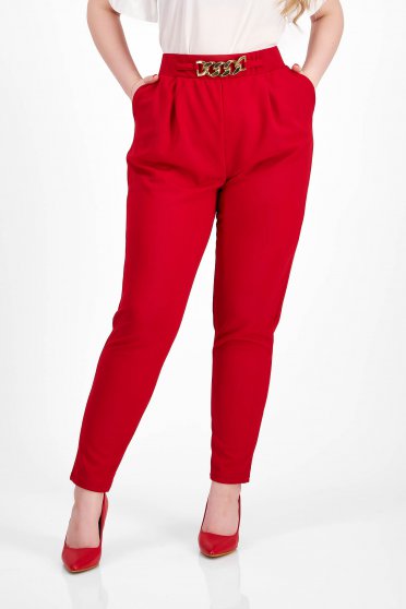 Pantaloni din crep rosii conici cu elastic in talie si buzunare laterale - SunShine