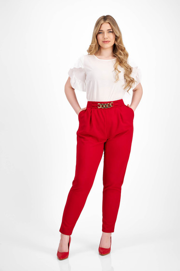 Pantaloni din crep rosii conici cu elastic in talie si buzunare laterale - SunShine
