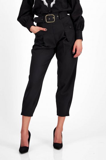 Pantaloni din bumbac negri cu buzunare frontale si accesoriu tip curea - SunShine
