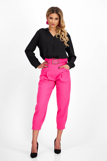 Pantaloni din bumbac roz cu buzunare frontale si accesoriu tip curea - SunShine