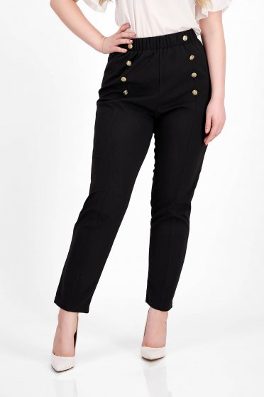 Pantaloni din crep negri conici cu elastic in talie si nasturi decorativi - SunShine