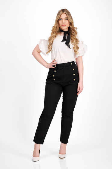 Black tapered crepe pants with elastic waist and decorative buttons - SunShine