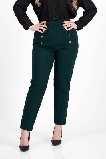 Dark Green Crepe Tapered Trousers with Elastic Waist and Decorative Buttons - SunShine