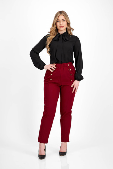 Cherry Crepe Tapered Trousers with Elastic Waist and Decorative Buttons - SunShine