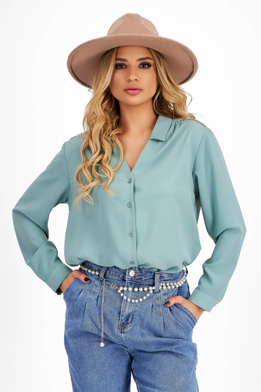 Ladies' turquoise triple-veil blouse with a wide cut and rhinestone appliqués on the shoulders - SunShine