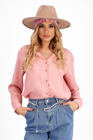 Shirts, Women's blouse in powder pink triple-veil with a loose fit and rhinestone appliqués on the shoulders - SunShine - StarShinerS.com