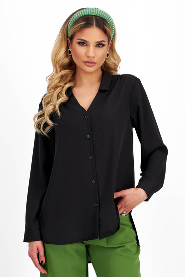 Shirts, Ladies' Blouse in Triple-Layered Black Veil with Loose Fit and Rhinestone Embellishments on Shoulders - SunShine - StarShinerS.com