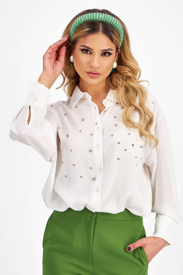 Women's White Cotton Shirt with Loose Fit and Front Rhinestone Applications - SunShine