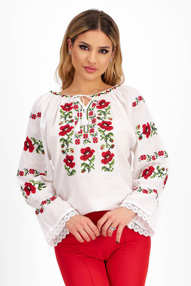Ladies' White Cotton Blouse with Loose Fit Embroidered with Traditional Motifs - SunShine
