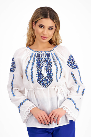 Cotton blouse with a wide cut accessorized with a drawstring embroidered with traditional motifs - SunShine