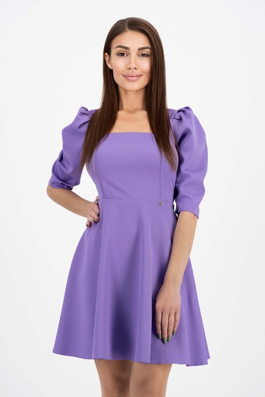 Online Dresses, Purple slightly stretchy fabric short skater dress with puffy shoulders - StarShinerS - StarShinerS.com