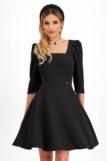Black slightly stretchy fabric short skater dress with puffy shoulders - StarShinerS