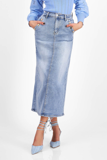 Midi skirts, Blue Denim Midi Pencil Skirt with Side Pockets - SunShine - StarShinerS.com
