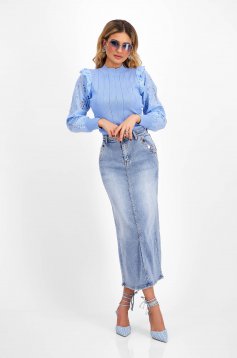 Blue Denim Midi Pencil Skirt with Side Pockets - SunShine