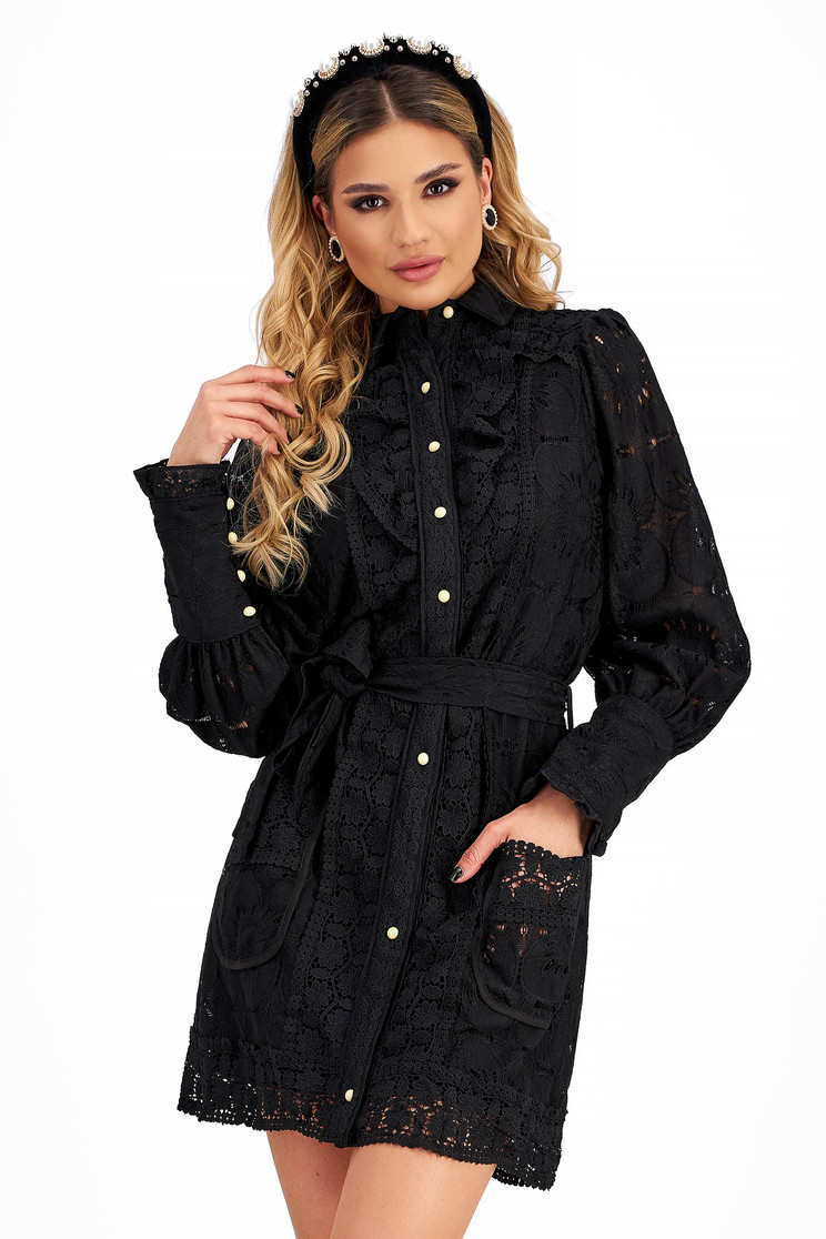 Rochie din dantela macrame neagra scurta cu un croi drept si buzunare laterale accesorizata cu cordon - SunShine - Rochii-Dama.ro