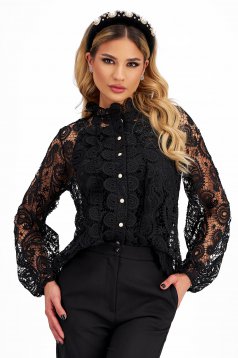 Ladies' Black Macrame Lace Blouse with Puff Sleeves - SunShine
