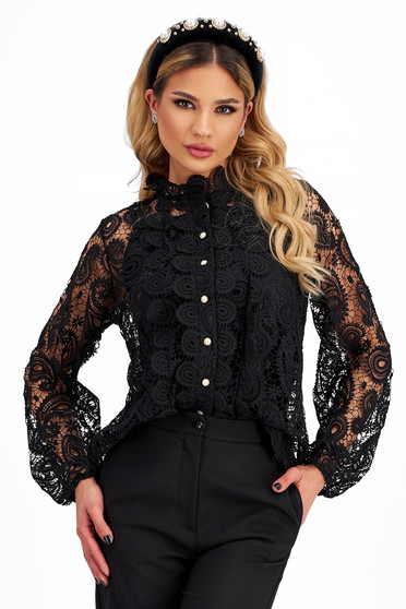 Ladies' Black Macrame Lace Blouse with Puff Sleeves - SunShine