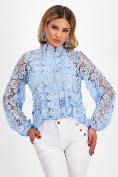 Ladies' Light Blue Macrame Lace Blouse with Puff Sleeves - SunShine
