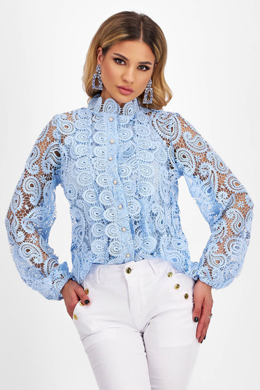 Bluze dama, Bluza dama din dantela macrame albastru-deschis cu maneci bufante - SunShine - StarShinerS.ro