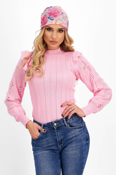 Bluze Casual - Pagina 3, Bluza dama din tricot fin roz-deschis mulata cu maneci din dantela - SunShine - StarShinerS.ro