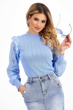 Ladies' Slim-Fit Light Blue Knit Blouse with Lace Sleeves - SunShine