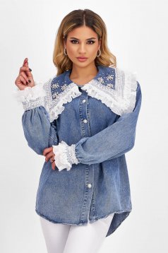 Blue Denim Women's Shirt with Loose Fit and Ruffle Collar with Rhinestones - SunShine