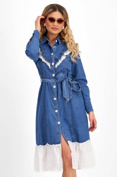 Blue Midi Shirt Dress with Detachable Belt and Embroidered Cotton Ruffles - SunShine